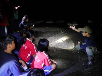 圖說： 雙流自然教育中心環境教育教師帶領學童與赤尾青竹絲相遇